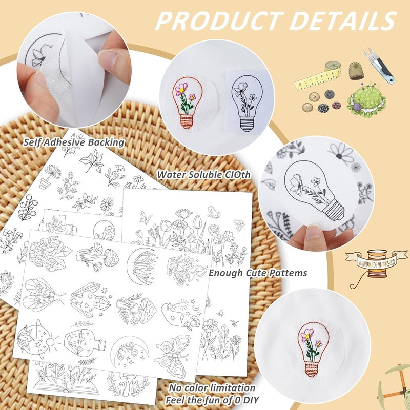 CRASHOT Water Soluble Embroidery Patterns Stabilizer - 4 Sheet Stick & Stitch Embroidery Paper Wash Away, Mushroom Moon Flower Floral Book Butterfly Designs, Suprise for Hand Sewing Lover - Image 5